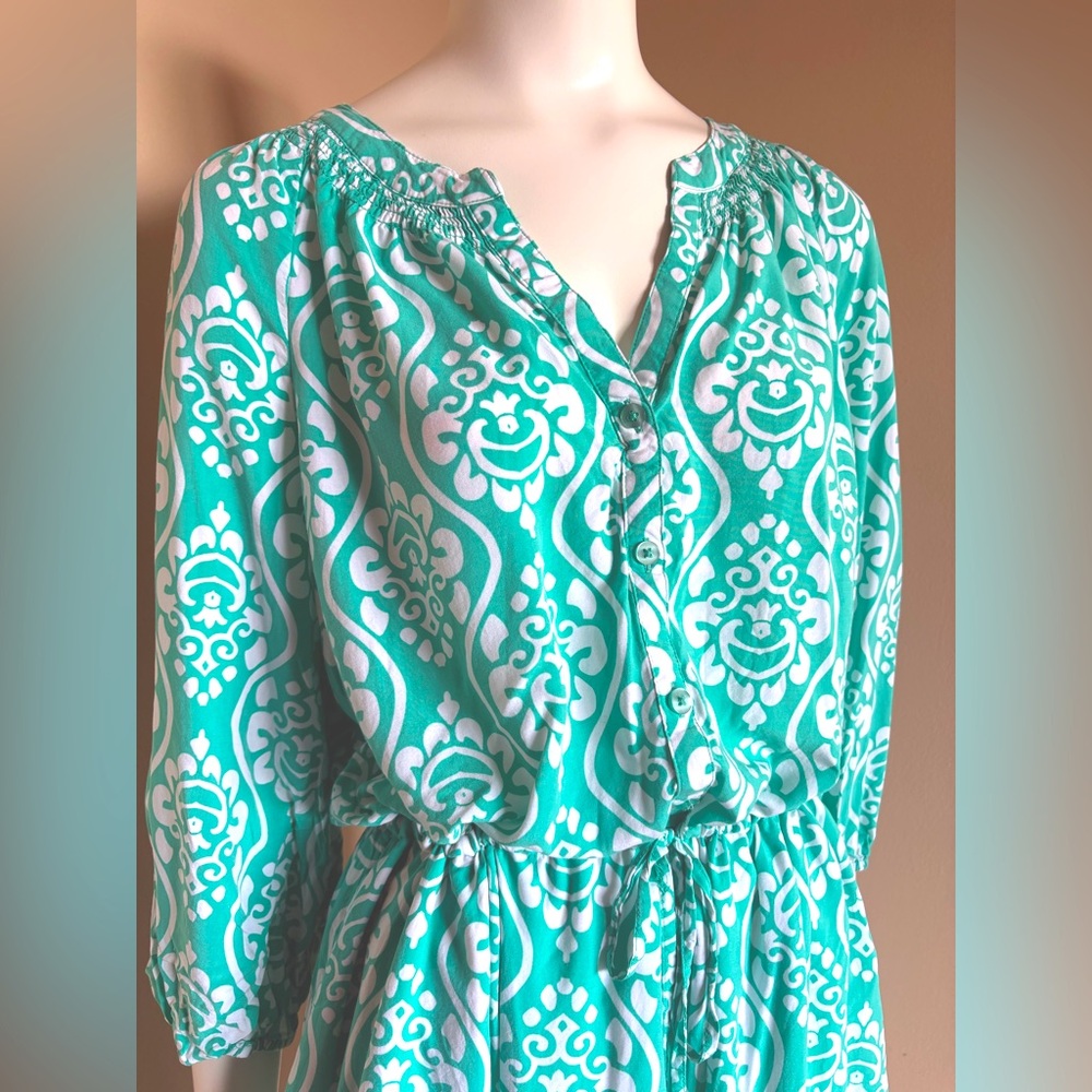 Crown & Ivy 3/4 Sleeve Button Down Drawstring Dress Teal Blue Green White Sz 16 - Picture 3 of 9